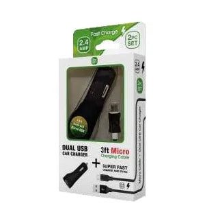 Micro USB 2n1 2.4amp Car Charger + 3ft Cable - Image 1