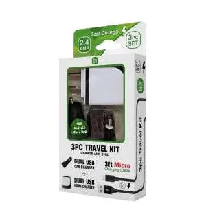 Micro USB 3n1 Travel 2.4amp Car & Home Charger + 3ft Cable - Image 1