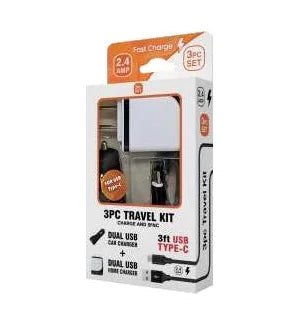 USB-C 3n1 Travel 2.4amp Car & Home Charger + 3ft Cable - Image 1