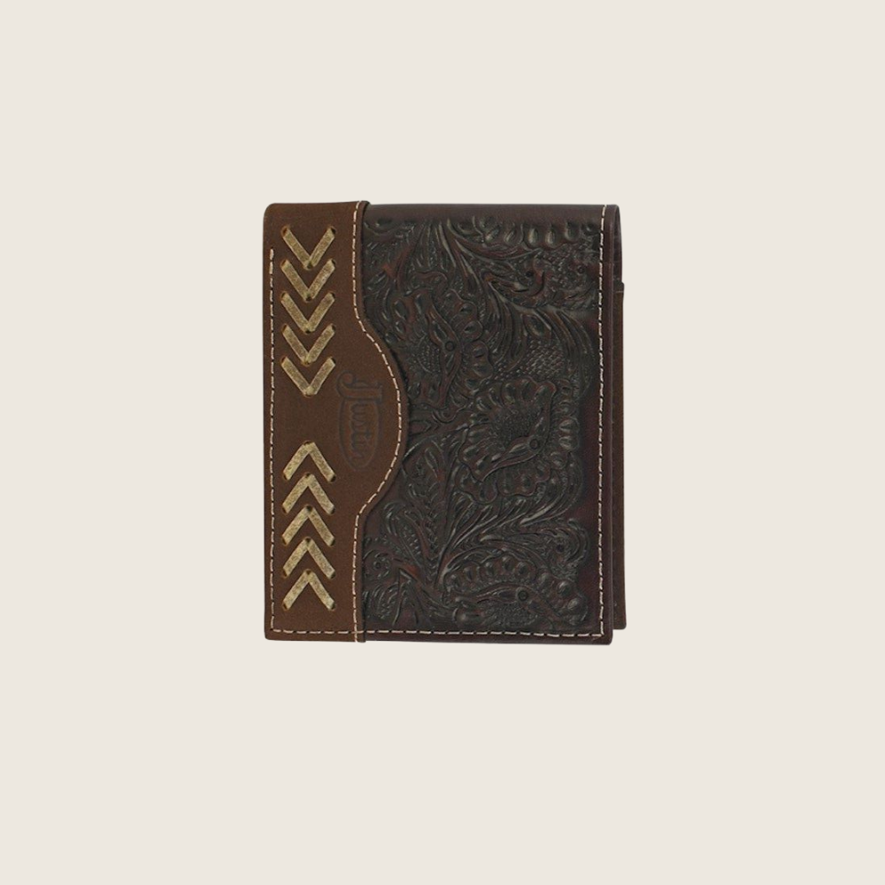 Justin Bifold Leather Brown W/ Tooling and Rawhide - Image 1