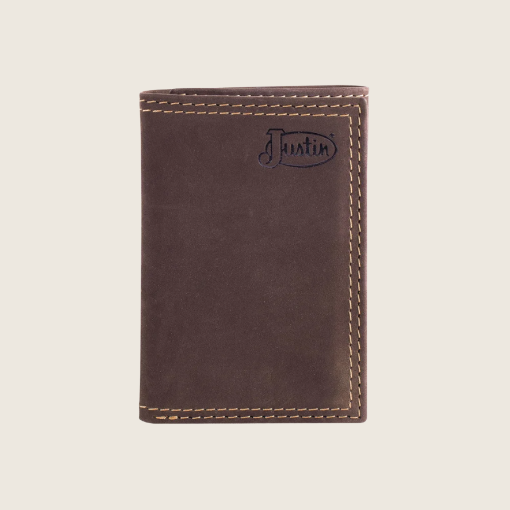 Justin Dark Brown Nubuck Trifold Wallet - Image 1