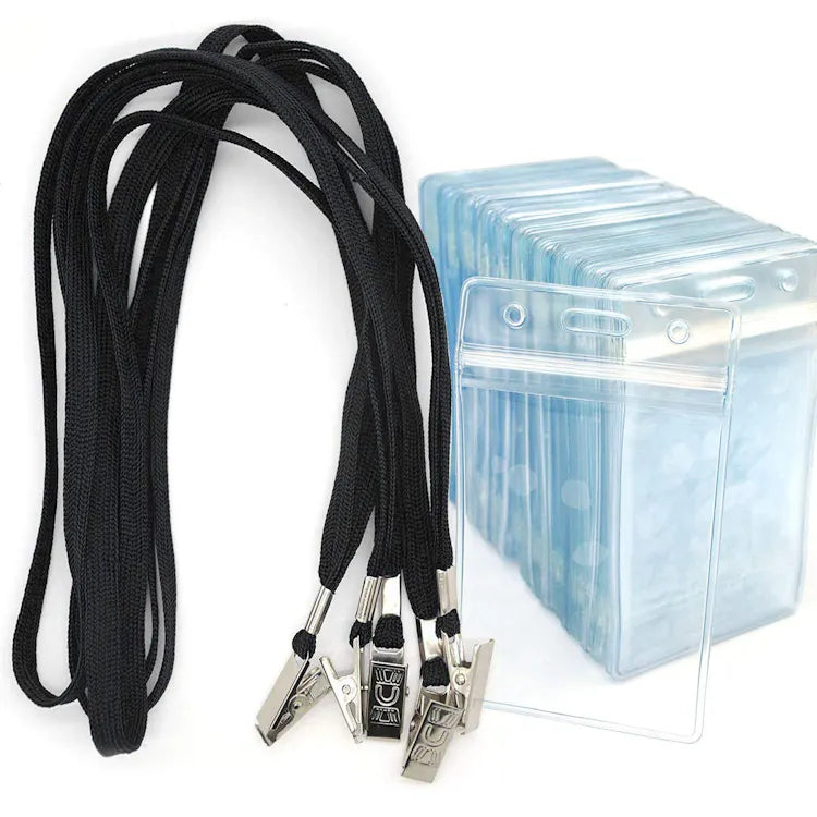 Black Lanyard with Vertical ID Holder and Bulldog Clip - Image 1