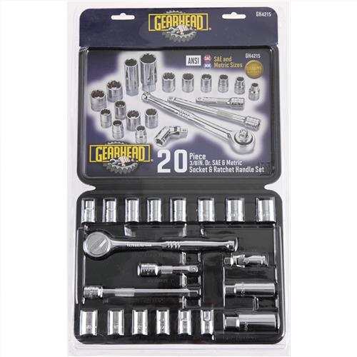 Gearhead 20 Piece 3/8" Drive SAE & Metric Socket & Ratchet Handle Set - Image 1