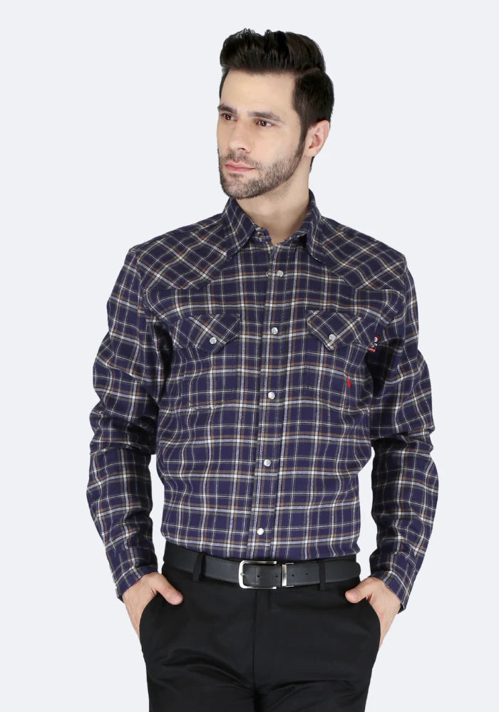 Forge Men's FR MFRPLD-229 Dark Blue Plaid Printed Shirt - Image 1