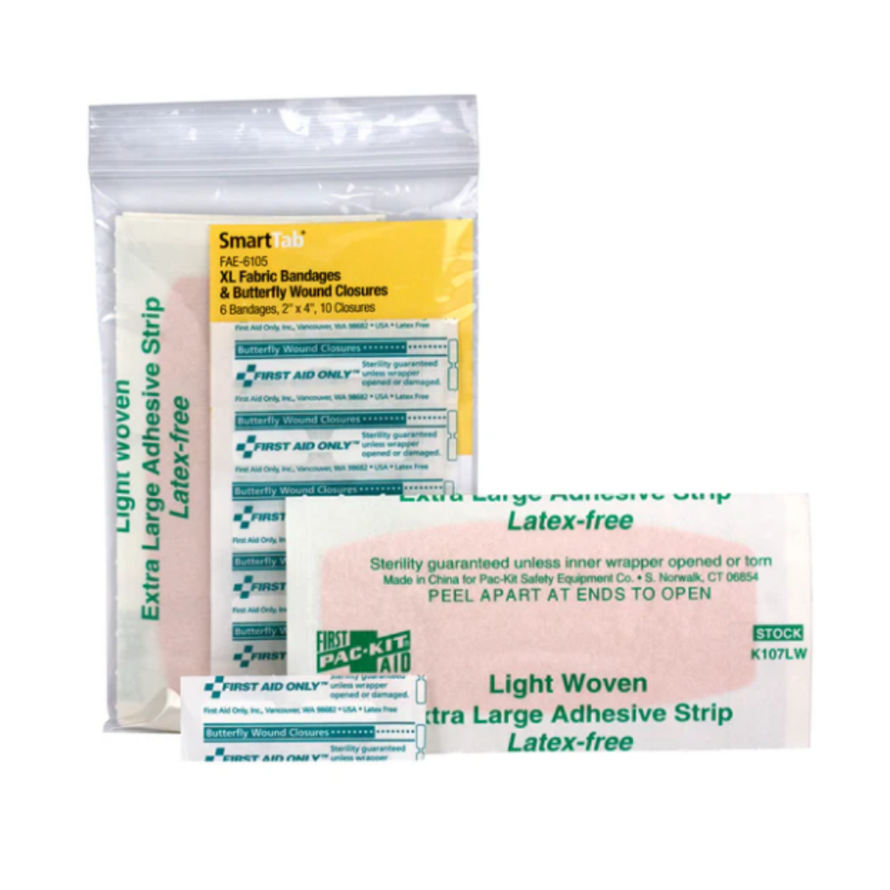 SmartCompliance Refill 2"x 4" Fabric Adhesive Bandages (6) , Plastic Butterfly Bandages (10) per Bag - Image 1