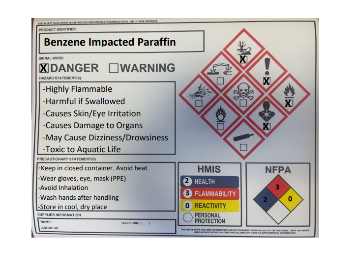 Kinder Morgan Hazcom  Benzene Impacted Paraffin Filled Out Custom Sign - Image 1