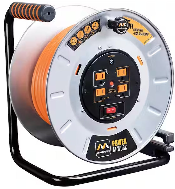 Master Plug 75' 15Amp 12Awg Large Open Metal Reel with 4-Sockets - Image 1