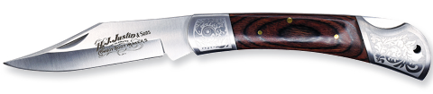 Justin Folding Knife Wood Handle W/Etching - Image 1